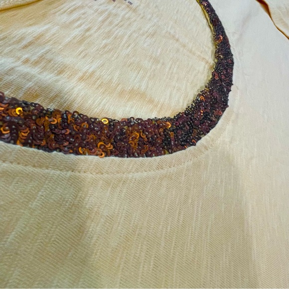 Coldwater Creek Heather Yellow 3/4 Sleeve Cotton Shirt with Brown Sequin Collar - Picture 3 of 10